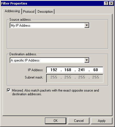 figure 8-17 the filter properties dialog box showing a specific ip address as the destination
