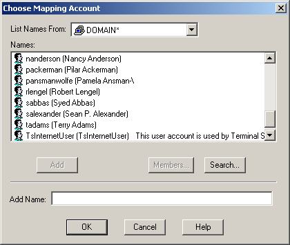figure 12-29 a list of available user accounts for the mapping