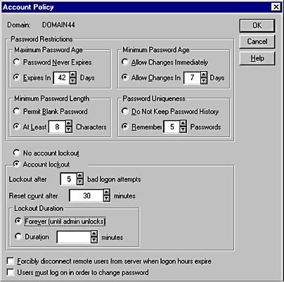graphic a-7. the account policy dialog box in windows nt 4.0.