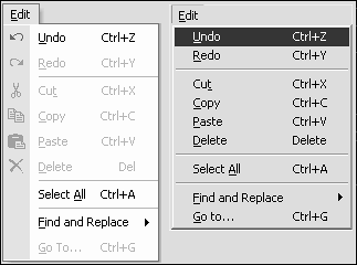 figure 6.1. a menu comparison vs .net on the left, boring on the right.