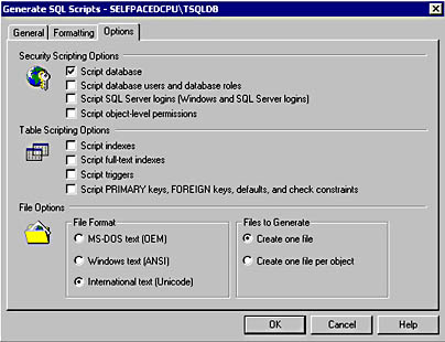  figure 6.13 - options tab in the generate sql scripts dialog box. 