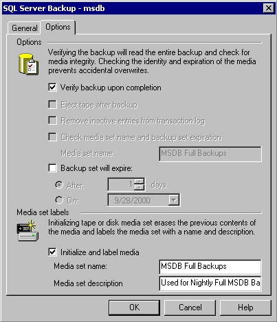  figure 9.11 - selecting backup options in the options tab. 