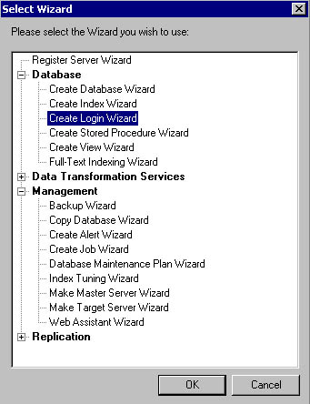  figure 10.6 - selecting the create login wizard in the select wizard dialog box. 
