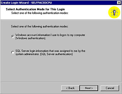  figure 10.7 - selecting an authentication mode for the login being created. 