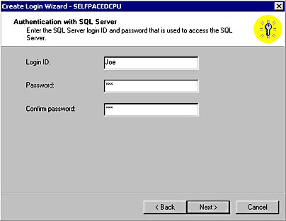 figure 10.9 - specifying a login name for a sql server 2000 security account. 
