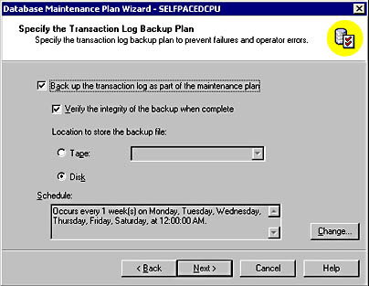  figure 13.47 - selecting options for backing up the transaction log file. 