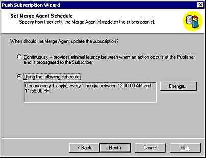  figure 15.53 - setting the merge agent schedule. 