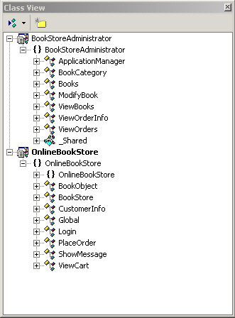 this figure shows the classes applicationmanager, bookcategory, books, modifybook, viewbooks, vieworderinfo, and vieworders, as well as the shared module in the bookstoreadministrator project. this figure also shows the bookobject, bookstore, customerinfo, global, login, placeorder, showmessage, and viewcart classes in the onlinebookstore project.