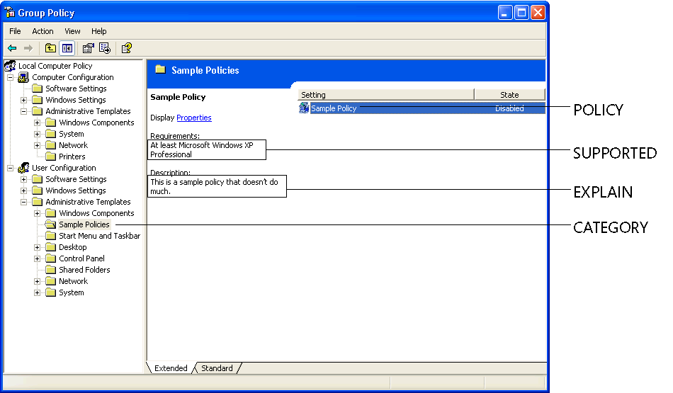 figure 7-4 administrative templates, such as the one in this example, define the user interface for collecting settings that the editor stores in the file registry.pol.