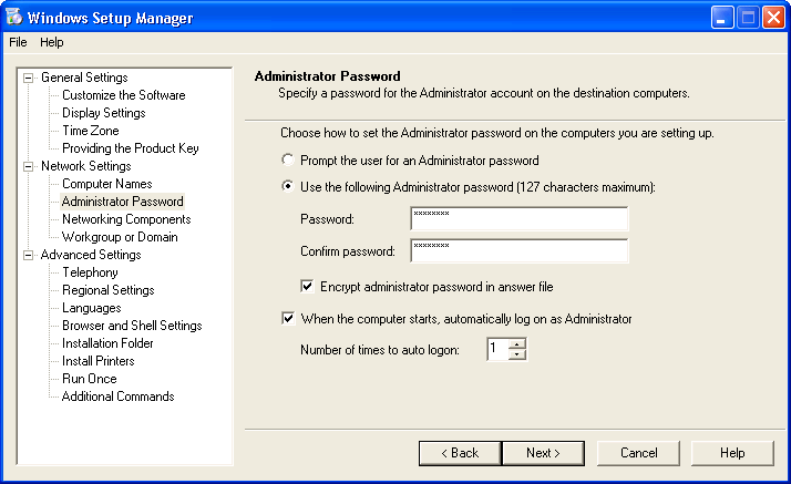 figure 14-2 the windows setup manager has greatly improved since the version in windows 2000. most of the changes are in the user interface, but encrypting the local administrator password is also a new feature.