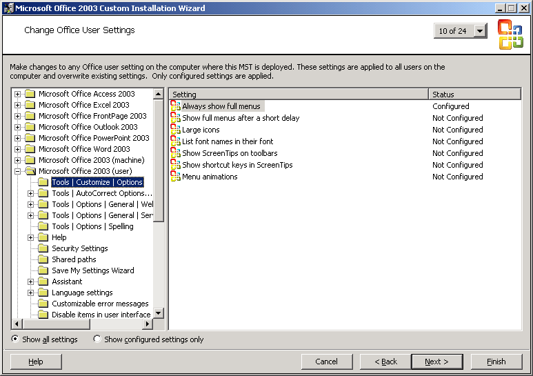 figure 17-4 the custom installation wizard's change office user settings page is very similar to system policy editor when the office 2003 editions policy templates (adm files) loaded.