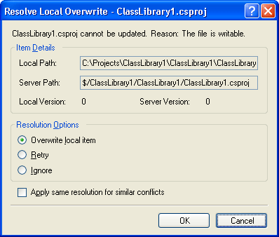 figure 6-13 resolving a local overwrite conflict