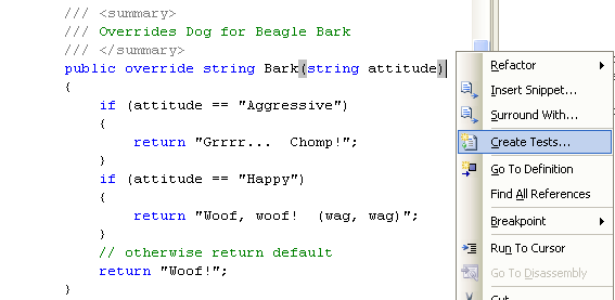 figure 6-14 creating a unit test from code