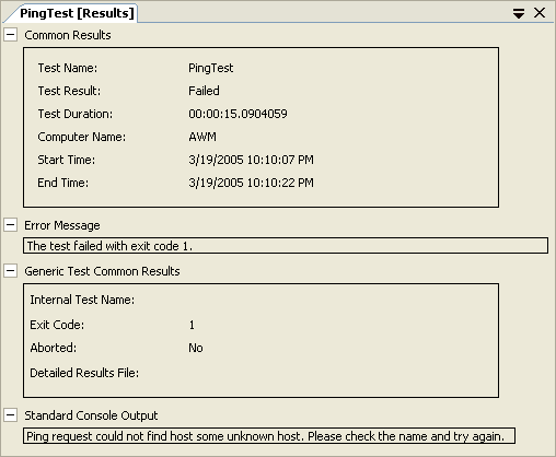 figure 7-10 test output from a failed generic test (notice that both the standard error and output information were redirected to the test harness and captured by visual studio.) 