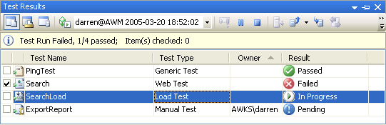 figure 7-17 the test results window displaying execution status and results for all test types