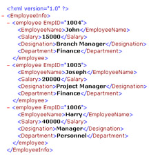 click to expand: this figure shows the xml document with additional nodes, such as designation and department, added to the xml document created in listing 8-4. the additional nodes are added after querying the employee_info table.