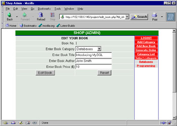 click to expand: this figure shows the web page to modify book data in the shop database. click the edit book button to update the book data in the database table.