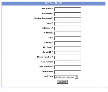 click to expand: this figure shows the web page to register a new end user with the online shopping cart application. click the submit button to register the new end user with the online shopping cart application. all the fields marked with * are mandatory.