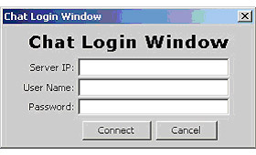 this figure shows the chat login window for the chat application. it provides three text boxes, server ip, user name, and password, and two buttons, connect and cancel.
