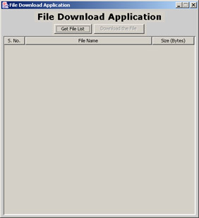 click to expand: this figure shows the file download application window that has two buttons, get file list and download the file. when an end user clicks the get file list button to display a file list, the download the file button is enabled.