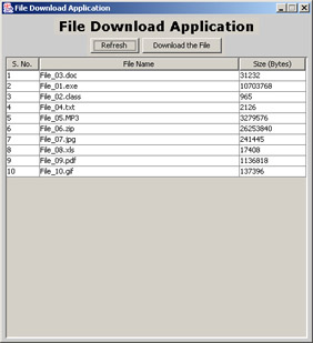 click to expand: this figure shows the list of files that are stored on the server. the list displays the file names and sizes in bytes. the end user can select one row at a time for download.