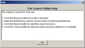 click to expand: this figure shows the help window, which displays the steps to search for files using the file search application.