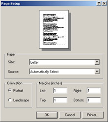click to expand: this figure shows the page setup dialog box that has three panels: paper, orientation, and margins. the paper panel provides fields to specify the size and source of the page. the orientation panel allows the end user to specify the page orientation. the end user can set the page margins using the left, right, top, and bottom text boxes in the margin panel.