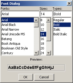 this figure shows the font dialog box, which displays three list boxes: fonts, sizes, and types. the preview box in this dialog box displays a preview of the font the end user selects.