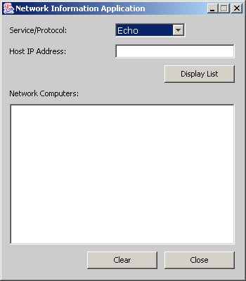 this figure shows the network information application window that has a service/protocol combo box, host ip address text field, and network computer list box. this interface also contains three buttons: display list, clear, and close.