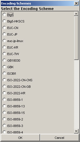 this figure shows the encoding schemes dialog box that contains a select encoding scheme radio button group. end users can select an encoding scheme from this box to encode a file.