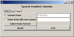 click to expand: this figure shows the user interface and the date tab of the speech-enabled calendar application. this user interface contains three tabs: date, day, and time.