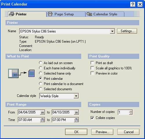Printing The Calendar Sams Teach Yourself Lotus Notes 7 In 10 Minutes