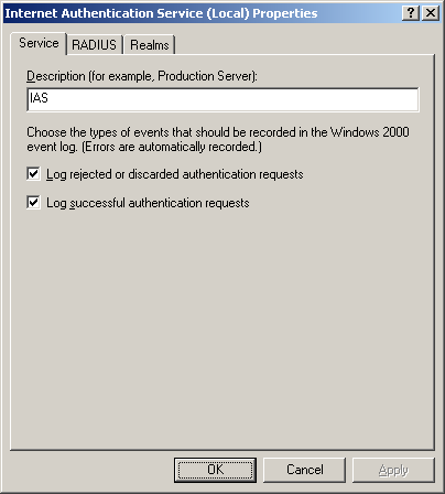 figure 4-2 the service tab for ias in windows 2000 server.