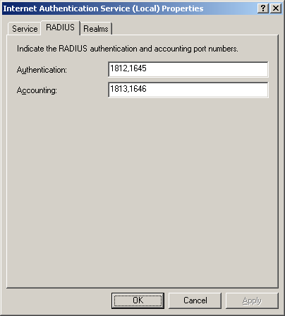figure 4-3 the radius tab for ias in windows 2000 server.