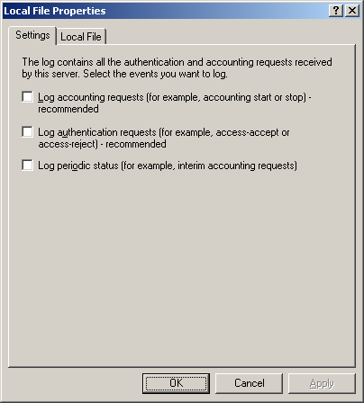 figure 4-5 the settings tab for the local file object in windows 2000 server ias.