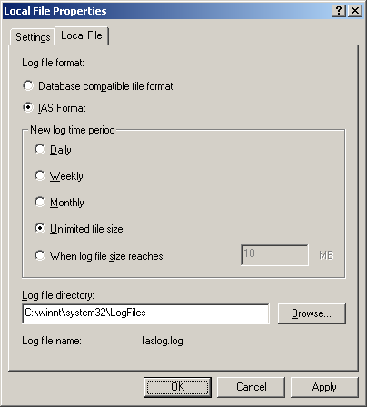 figure 4-6 the local file tab for the local file object in windows 2000 server ias.