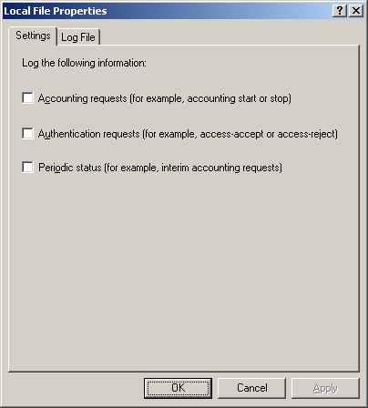 figure 4-9 the settings tab for the local file object in windows server 2003 ias.