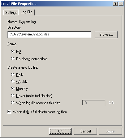 figure 4-10 the log file tab for the local file object in windows server 2003 ias.