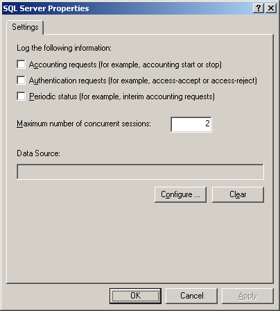 figure 4-11 the settings tab for the sql server object in windows server 2003 ias.