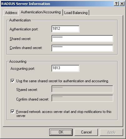 figure 4-29 the authentication/accounting tab for a radius server in a remote radius server group.