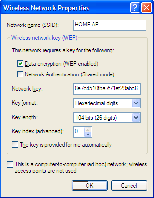 figure 12-3 example of windows xp (prior to sp1) configuration for an infrastructure mode wireless network.