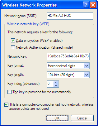 figure 12-6 example of windows xp (prior to sp1) configuration for an ad hoc mode wireless network.