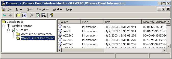 figure 14-4 wireless client information in the wireless monitor snap-in.