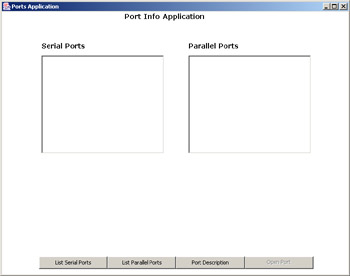 click to expand: this figure shows the port information application window. the window contains two list boxes, one for listing serial ports and the other for parallel ports, and four clickable buttons that allow the end user to perform various operations.