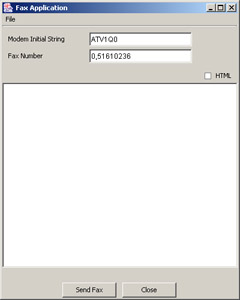click to expand: this figure shows the fax application window with a menu bar, two text boxes, an edit pane, and two buttons.