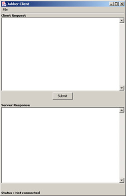 click to expand: this figure shows the user interface of the connector application, which contains the file menu, the submit button, and two text areas, client request and server response.