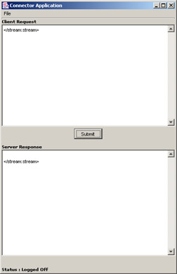 click to expand: this figure shows the xml tags in the client request and server response text areas for the logoff confirmation message. the client request text area shows the request to log out from the application and the server response text area shows the xml stream after successfully logging out.