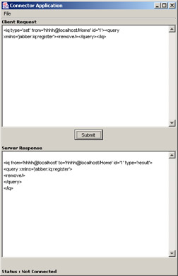click to expand: this figure shows the xml tags in the client request and server response text areas for the unsubscribe confirmation message. the client request text area shows the request for removal of an end user's account and the server response text area shows the xml stream after removing the end user's account from the jabber server.