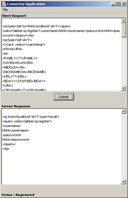 click to expand: this figure shows the xml tags in the client request and server response text areas for the sign up confirmation. the client request text area shows the request to create a new account and the server response text area shows the xml stream after successfully creating a new account in the jabber server.
