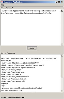 click to expand: this figure shows the xml tags in the client request and server response text areas for the chat room entered confirmation. 